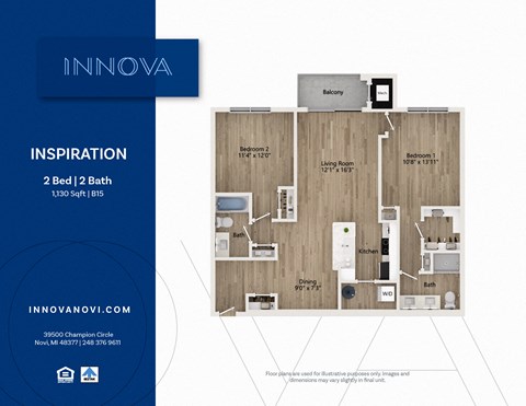 Floor plan for 2 beds, 2 baths, 1130 sqft